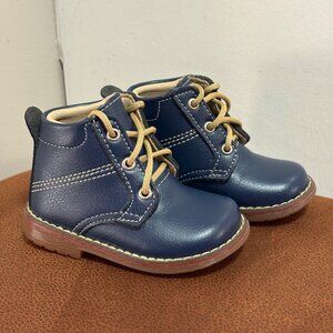 Blue Leather Kids Toddler Lace-Up Ankle Boots Rubber Sole Stitching Details 6C